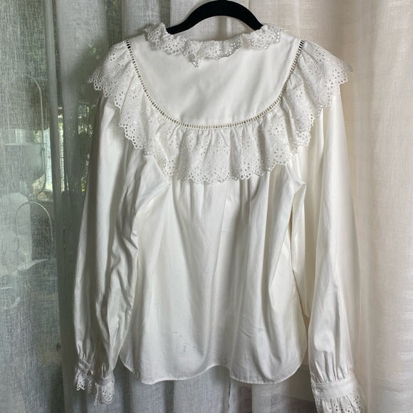 EMERSON FRY Victoria 3 White Poplin Blouse Eyelet Lace Pearl Button XS - Picture 8 of 10